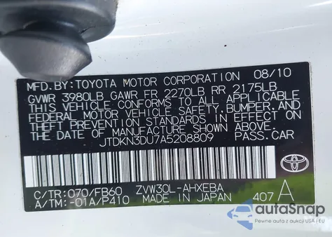 2010 Toyota Prius Ii z USA, uszkodzony, nr VIN JTDKN3DU7A5208809